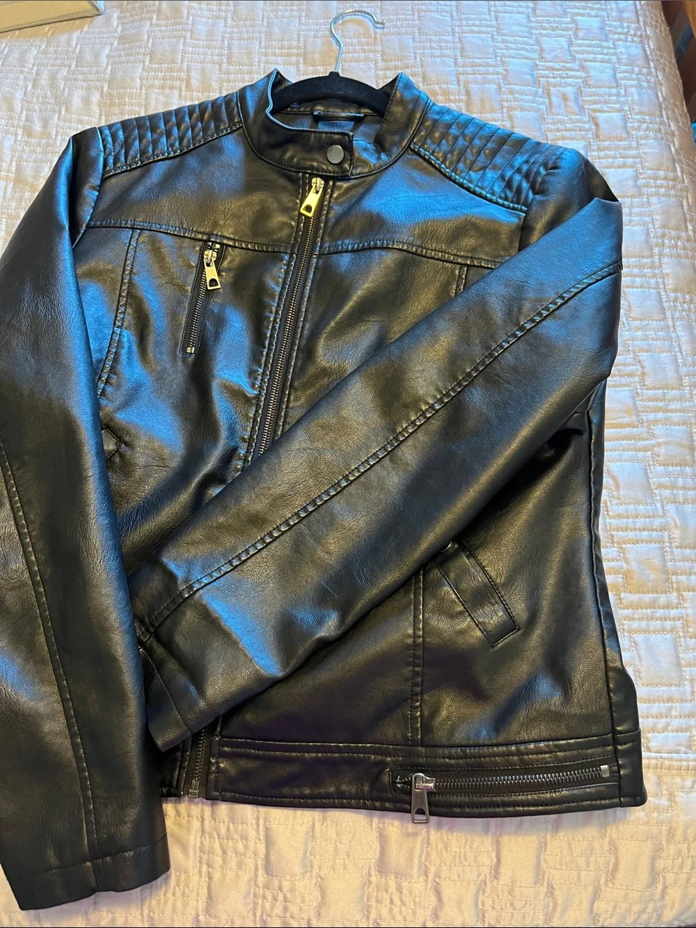 Black Faux Leather Quilted-Shoulder Bomber Jacket
